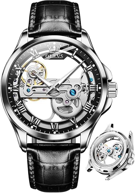 

Мужские механические часы OLEVS с автоподзаводом и ручным заводом, с прозрачным скелетоном, кожаным ремешком, модные и люминесцентные, водонепроницаемые часы для мужчин, черные