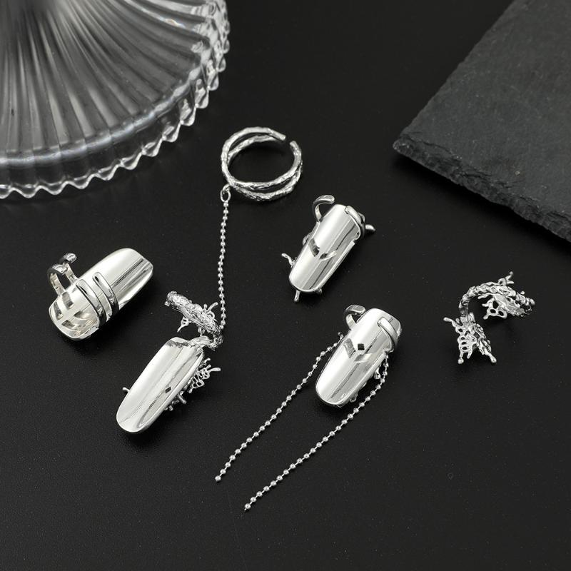 4/5Pcs Fingertip Ring Irregular Metal Silver Color Finger Ring Set Women Alloy Finger Cot Chain Nail Ring Party Jewelry