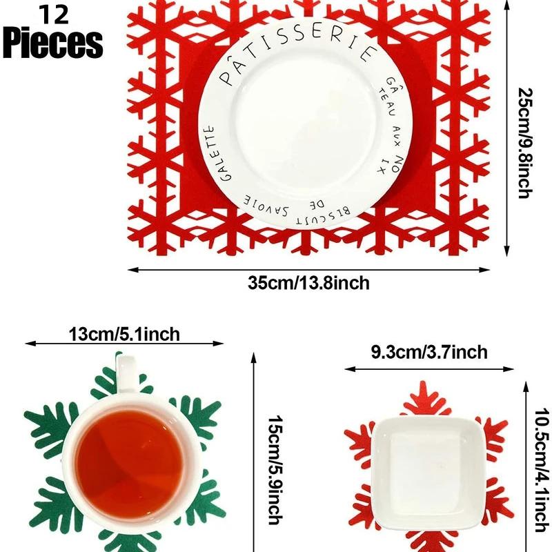 12pcs Christmas Tableware Mat Snowflake Shaped Felt Cup Mat AntiSkid Table Placemat Kitchen Food Bowl Mat Cushion for Home Table