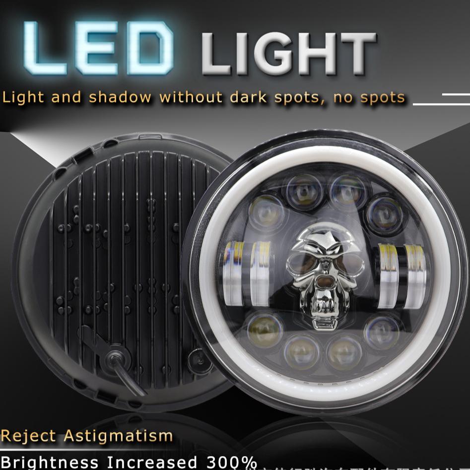 Skull Pattern 7in LED Motorcycle Headlamp 9-36V Hardwired Motor Vehicle Headlight for Modification Accessories