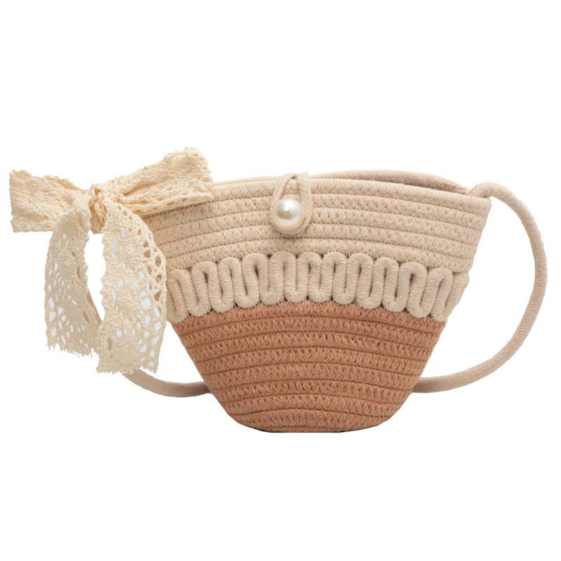 Bow Solid Decoration Color Children Woven Shoulder Bag For Summer Daily Use