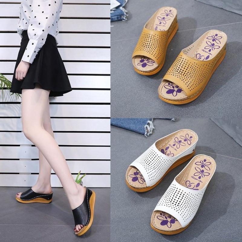 Summer Trendy New Women's Cool Slippers Wedge Heel One-piece Laser Hollow Women's Large Size Mother Casual Shoes