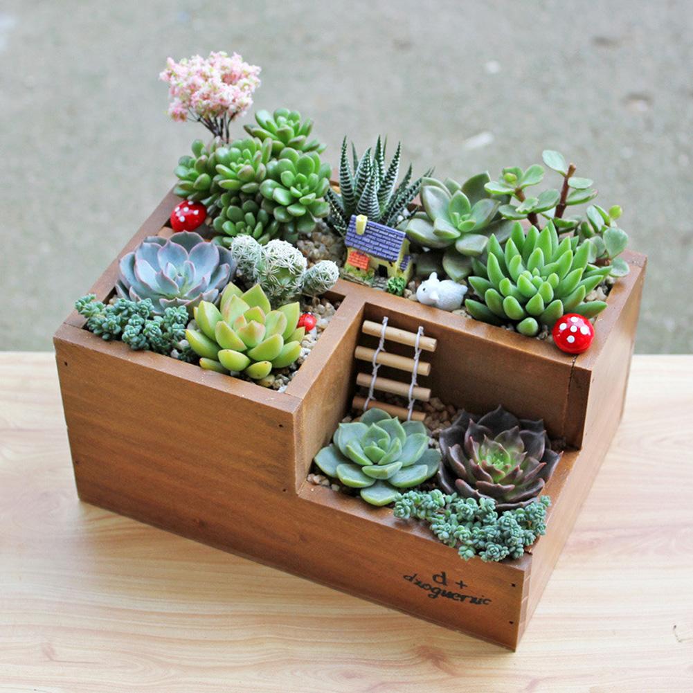 Wooden Succulent Planter Plant Container Multifunctional Flower Bed Pot Desktop Storage Box for Indoor Outdoor