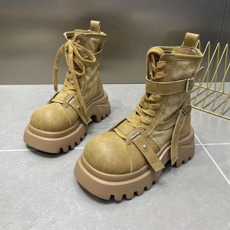 European Denim Big-headed Muffin Thick-soled Martin Boots for Women's 2025 Spring and Autumn New Small Height-increasing Locomotive Short Boots