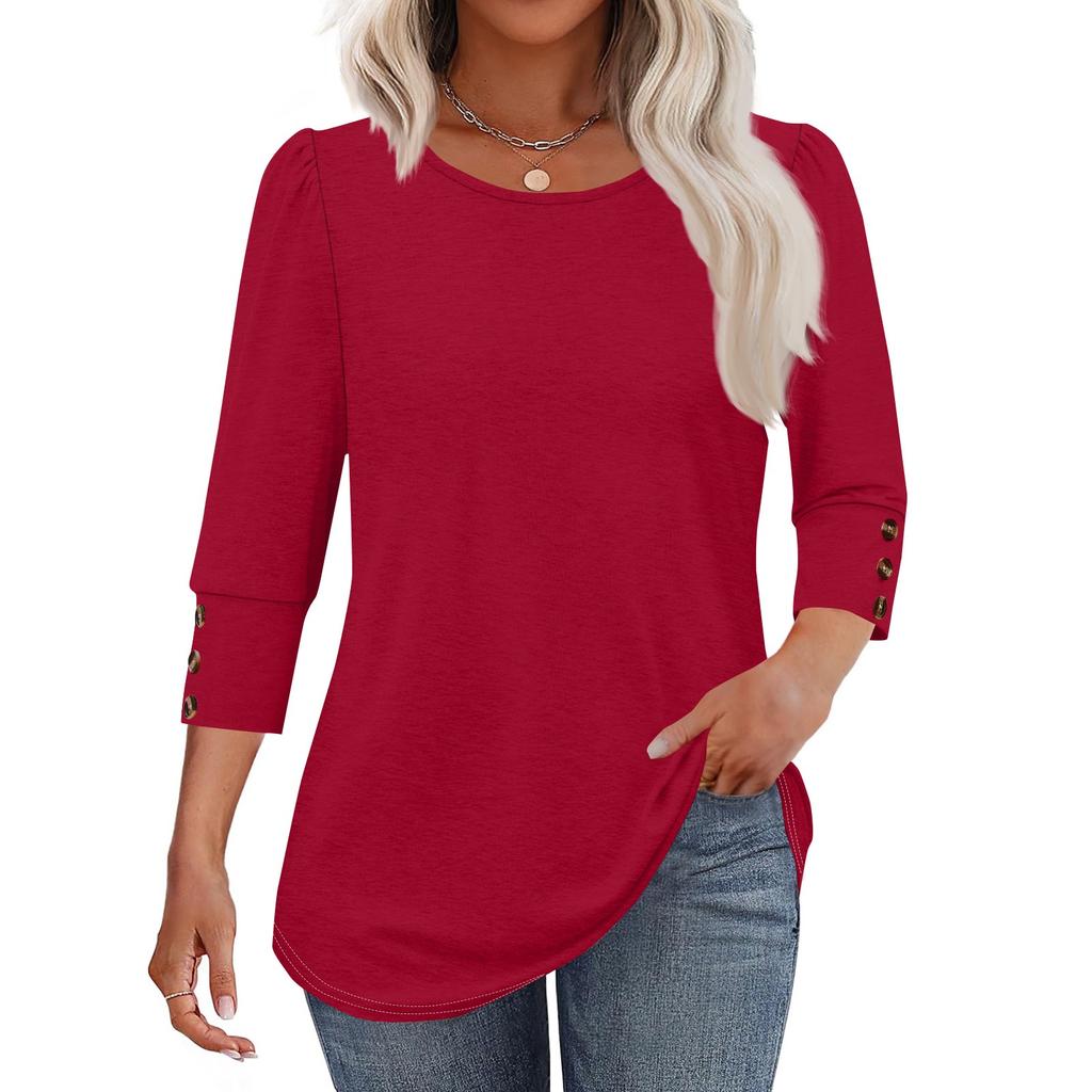 Women's Fashion Casual Solid Color Round Neck Seven-quarter Sleeve T-shirt Top