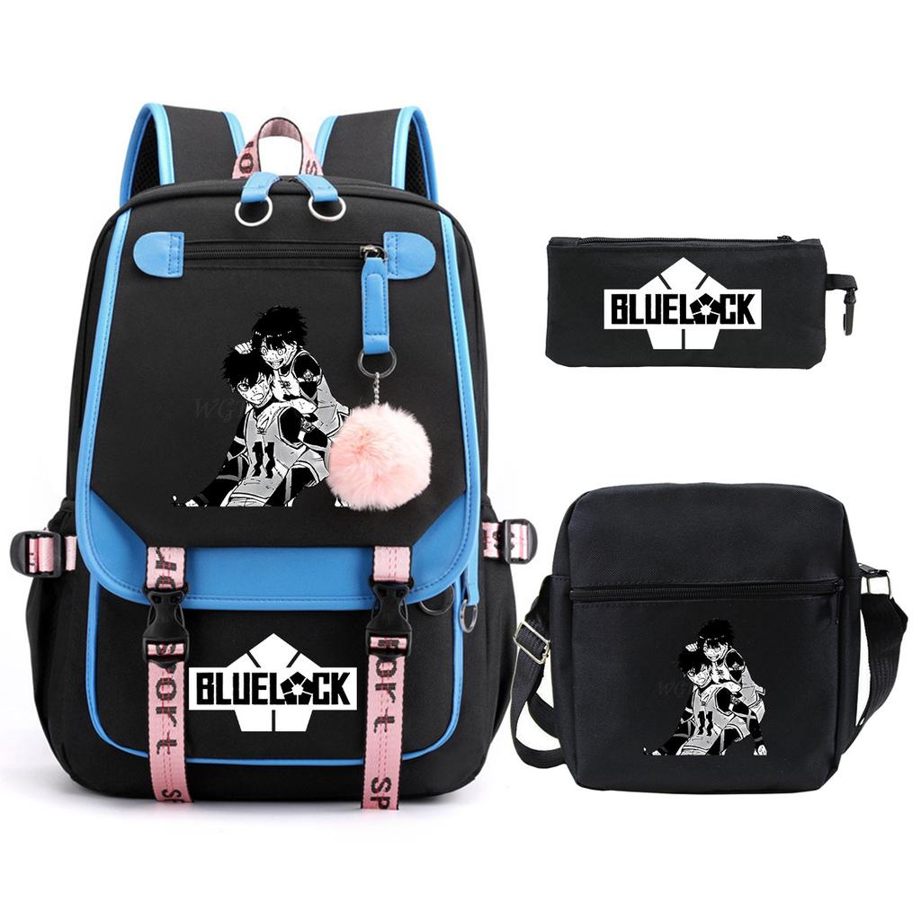 Blue Prison Student School Bag Large Capacity Children'S Shoulder Bag Casual Pencil Bag Set