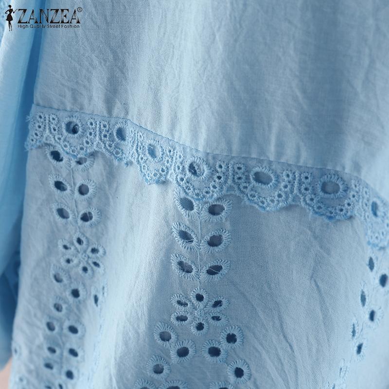 ZANZEA Women Square Collar Summer Hollow Embroidered Casual 3/4 Sleeve Blouse