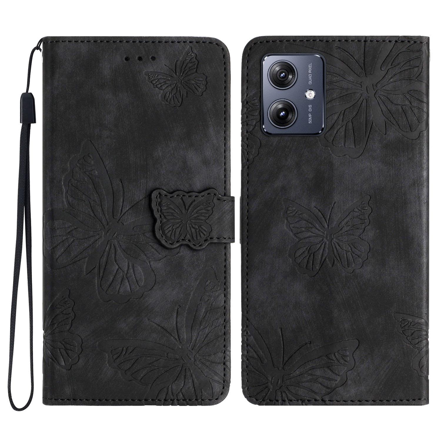 

For Motorola Moto G54 5G Wallet Case Butterfly Imprinted Leather Flip Phone Cover Black