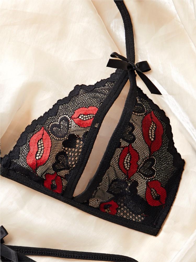 Seductive Red Lip Black Halter Front-Closure Bra & Thong Sets Summer Women Underwear Cute Erotic Sexy Lingerie Suit 2-Piece Set