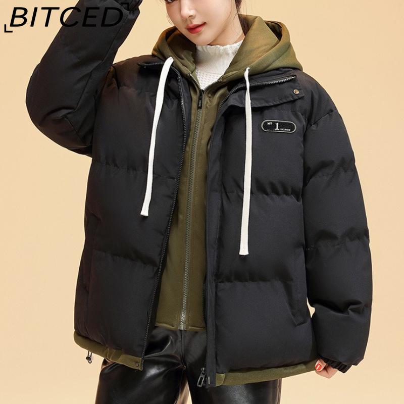 BITCED Pseudo-Two-Piece Cotton Coat Unisex Winter Fashion Contrast-Colour Hooded Sweatshirt Thickened Warm Cotton Jacket