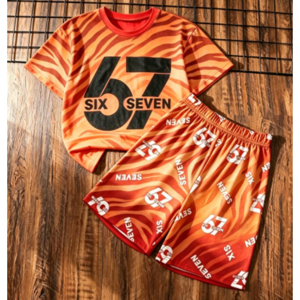 Kids Set Zebra Stripe 67 Number Printed Kids T-shirt and Shorts 2 Piece Set Summer Street Casual Outdoor Boy's and Girl's T-shirt Sets