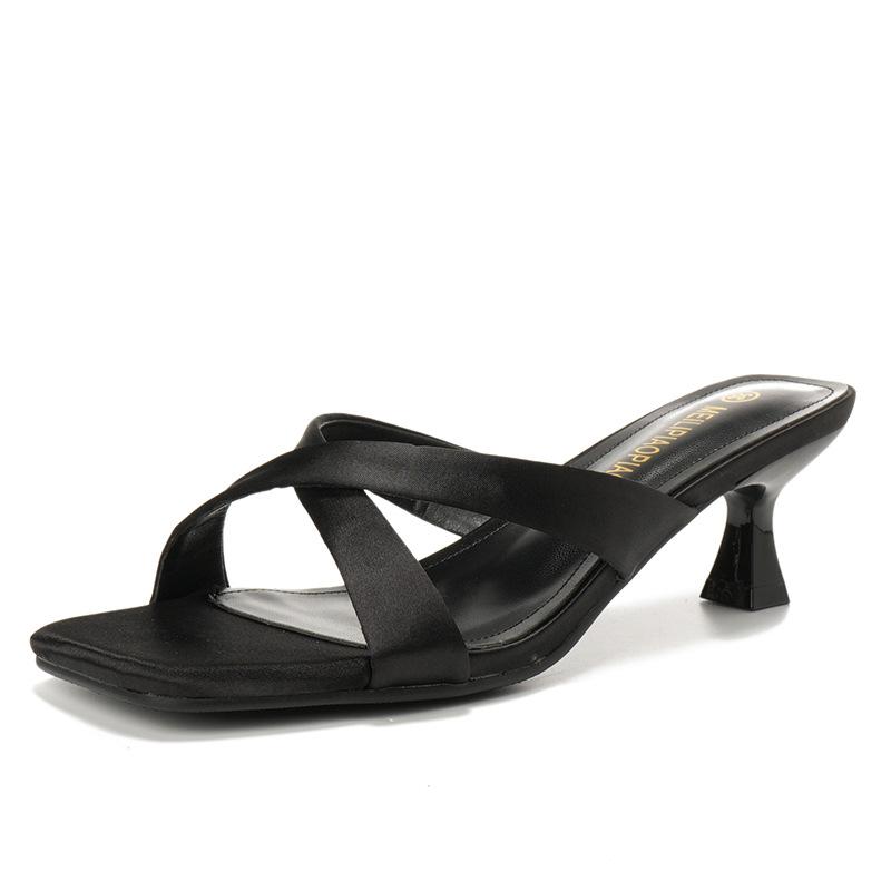 

Sheepskin version~ French stunning cross-strap satin square head sandals women 2025 new high heels fairy cool slippers 40