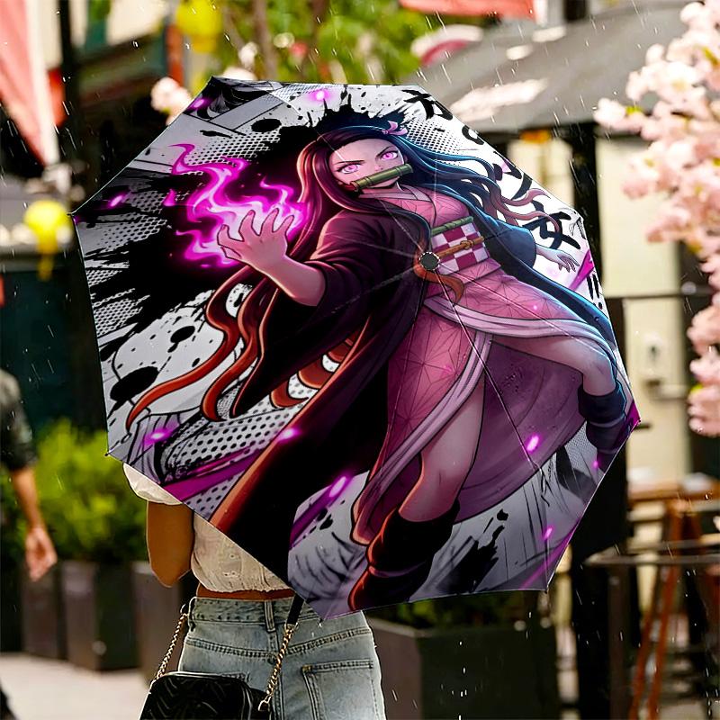 Parapluie Imprimé Demon Slayer Ouverture/Fermeture Automatique - Design Pliable Portable - Usage Quotidien pour Voyage/Extérieur - Cadeau d'Anniversaire