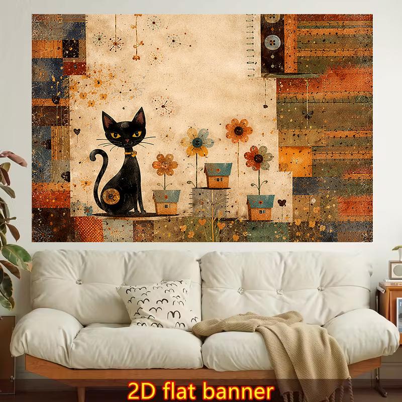 Boho Cat Floral Pattern Tapestry Wall Hanging Rustic Farmhouse Style Geometric Decor Art Print for Living Room Bedroom Decoratio