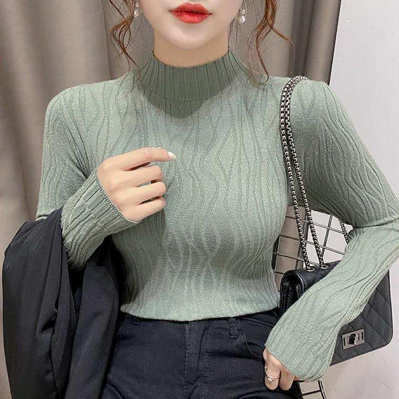 Autumn Winter Knitted High Neck Sweater Women's Solid Color Stretch Slim Bottoming Shirt All-mach Wrinkle Pullover Jumper Top