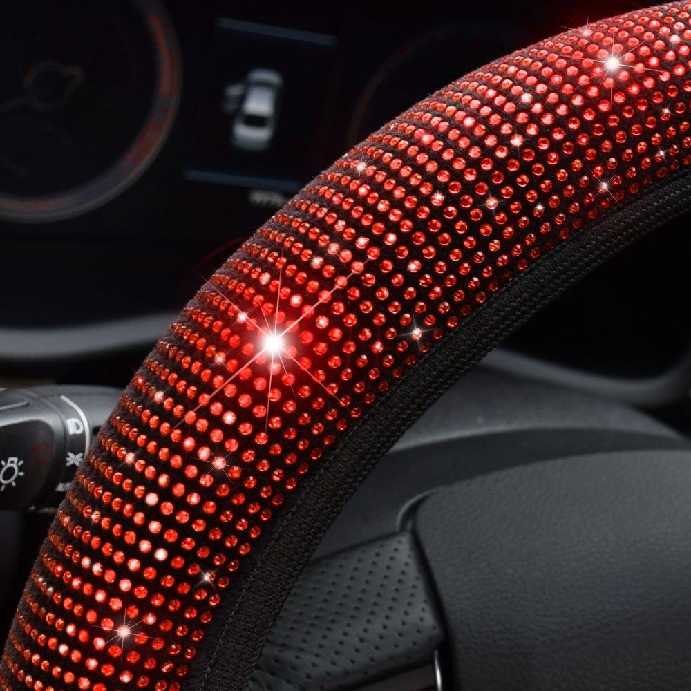 38cm Bling Rhinestones Steering Wheel Cover for Women Girl with Crystal Diamond Sparkling Car SUV Breathable Anti-Slip Universal Steering Wheel Covers