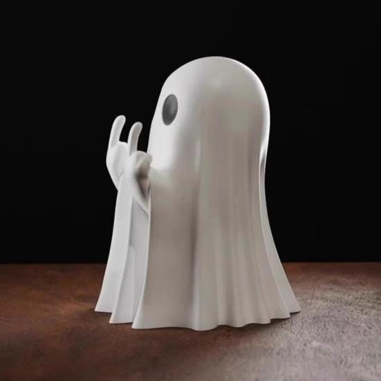 Halloween Ghost Figurine Spooky Resin Middle Finger Statue Cute Small Ghost Table Ornament for Halloween Indoor Home Desktop Decor
