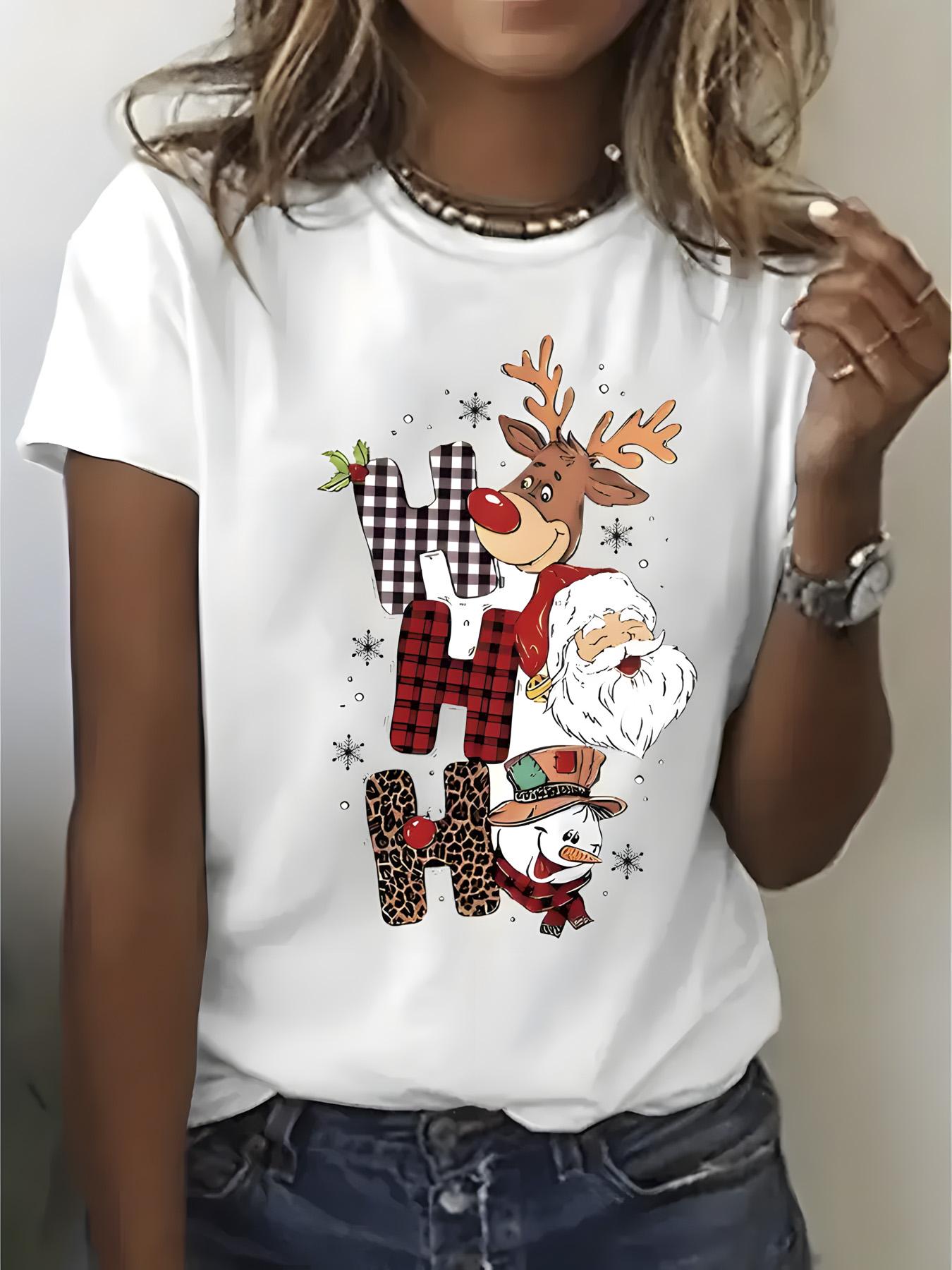 

Womens Christmas with Santa Rudolph Print Merry Christmas Lettering Harajuku Sleeve Casual Clothing Street Aesthetic Clothes S