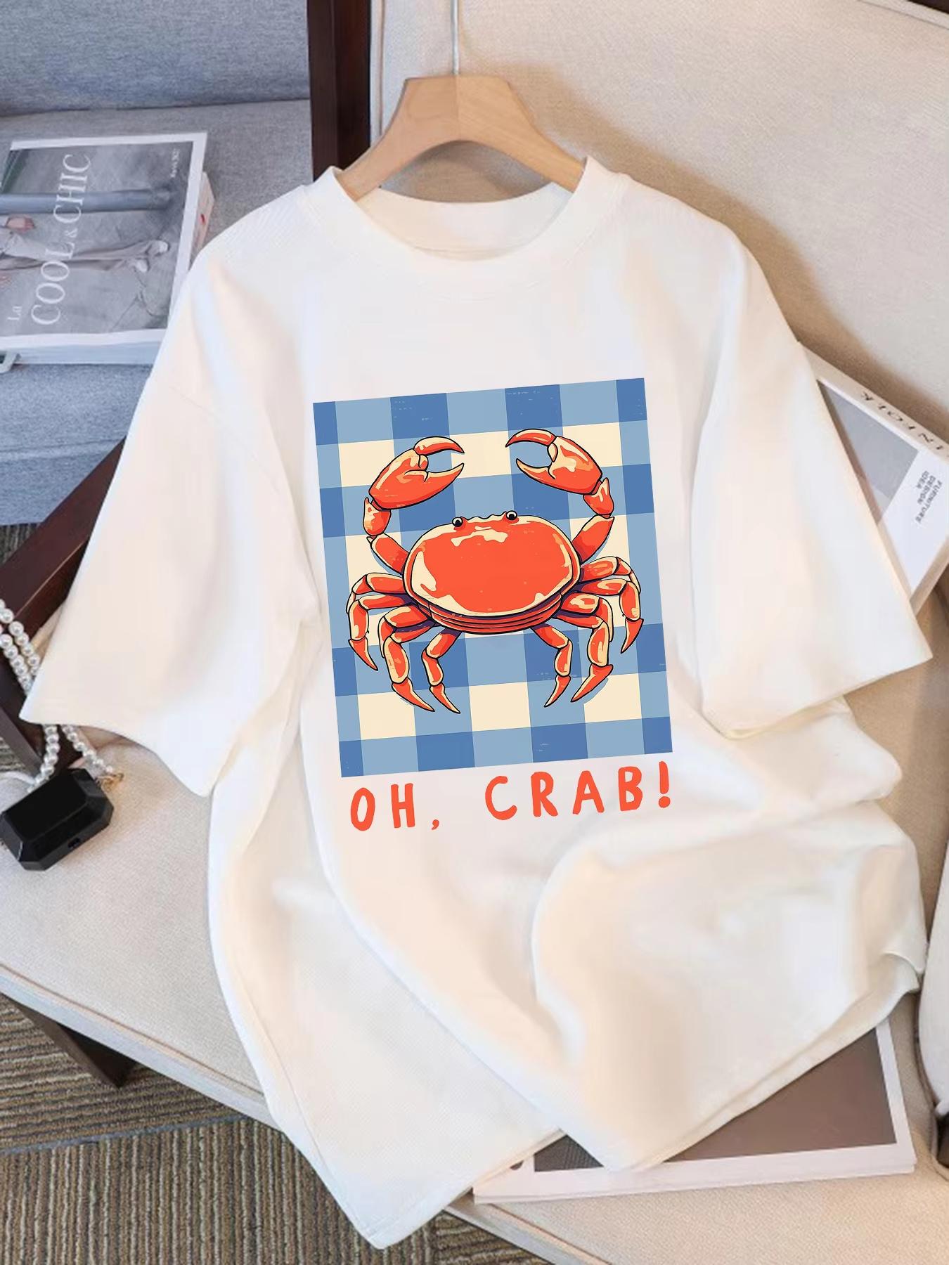 

2026 Summer Crab Pattern Womens Casual Blouse Fashionable Cotton Shortsleeved Printed Casual Comfortable Top S