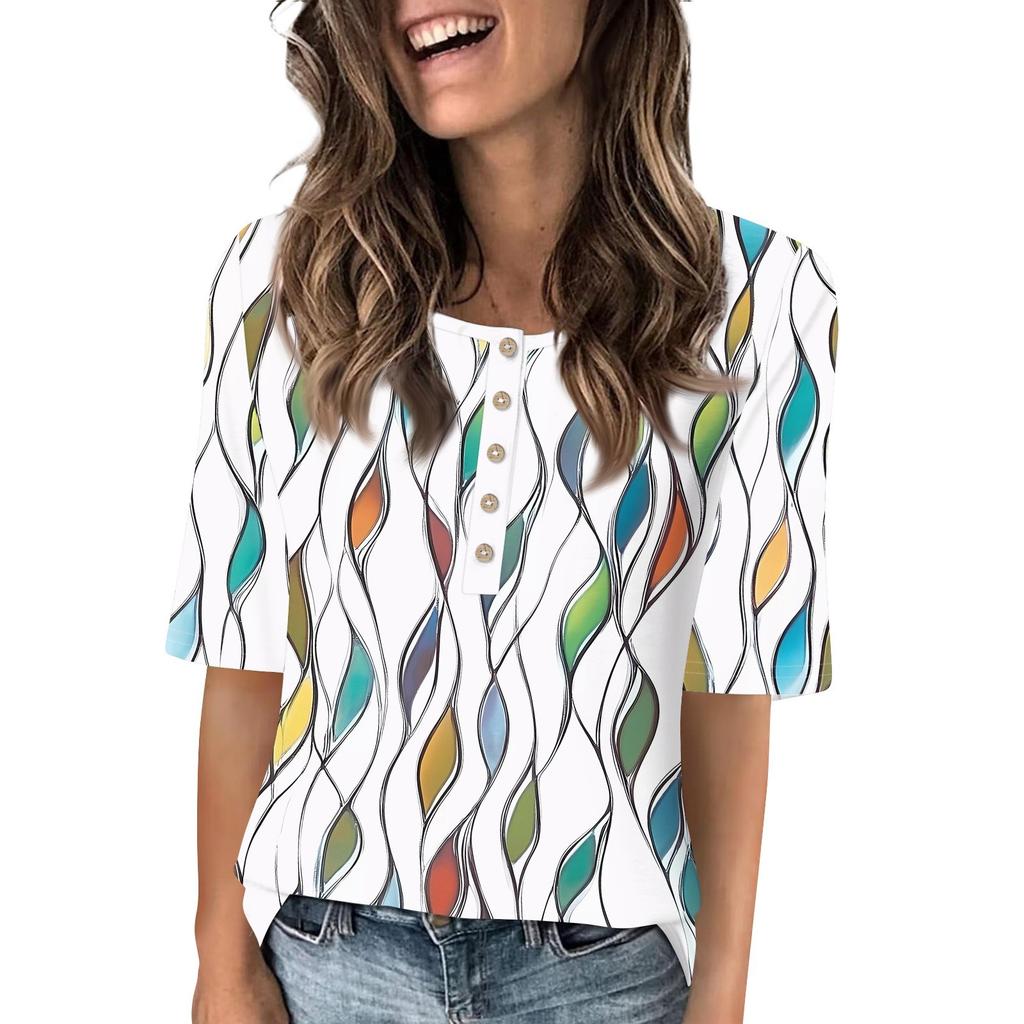 Shirts For Women Trendy Round Neck Button T Shirts Printed Blouse Half Sleeve Tops For Women