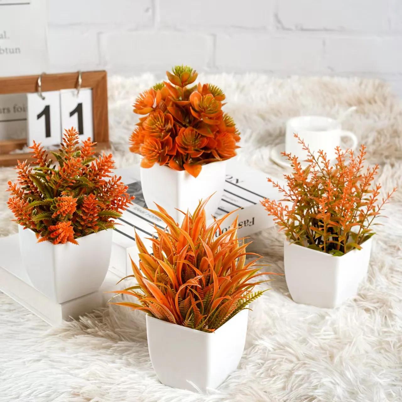 

Top Quality Artificial Plants Autumn Potted Mini Ornaments Plastic Fake Flowers in Pot for Home Kitchen Room Fall Festival