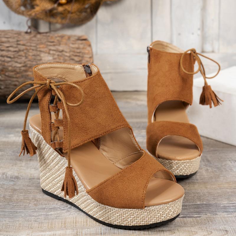 New Sandals Summer New Round Head Open Toe Suede Side Zipper Butterfly Knot Ribbon Waterproof Platform High Heels