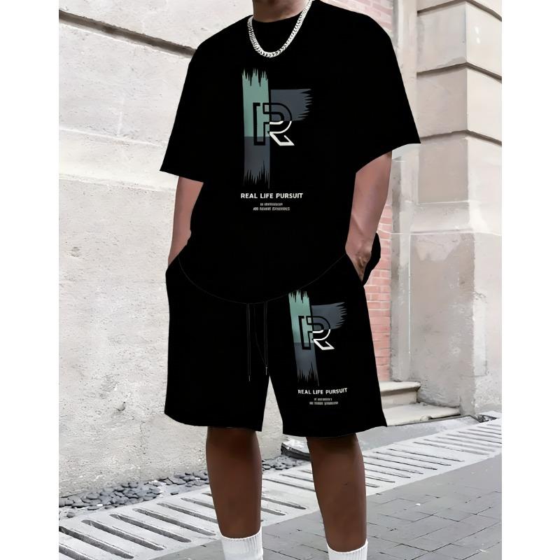 Summer Pattern Printed Men's Casual Two-piece Set Round-neck