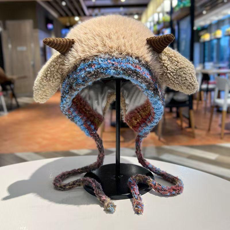 Cute lamb warm hat women's autumn and winter cold-proof plush knitted ear hat outdoor pullover hat