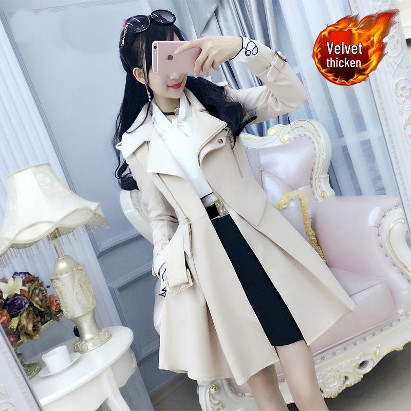 Women's Beige Fleece-Lined Trench Coat: British & Korean Style, Thickened, Long-Sleeved, Mid-Length, Autumn/Winter Warm & Stylish.
