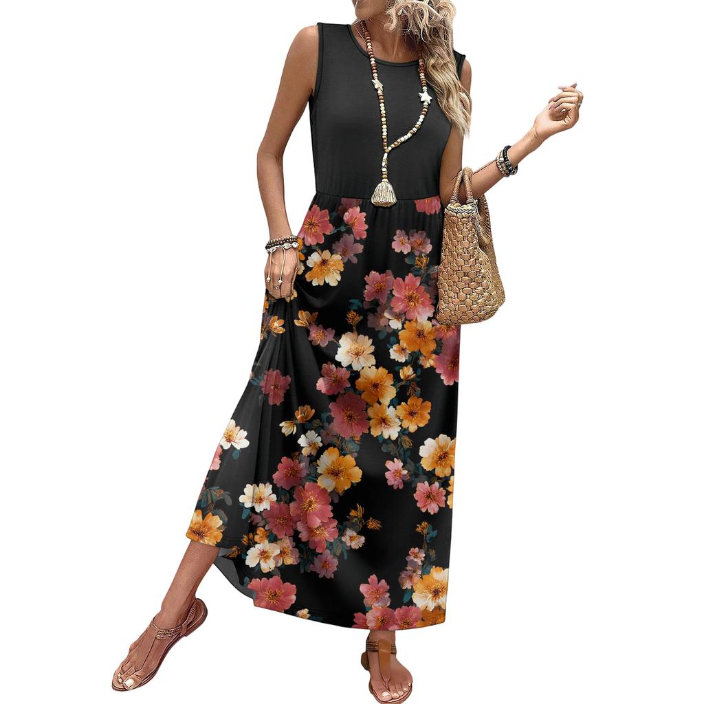Women Sleeveless Floral Print Casual Waist Dress Crew Neck Maxi Dress Lightweight Soft Fabric for Everyday Wear