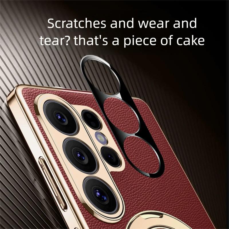 Premium Aviation Aluminum Alloy Bracket Case For Samsung Galaxy S26 Ultra/S25 Ultra/S24 Ultra Magnetic Vegan Leather Stand Cover