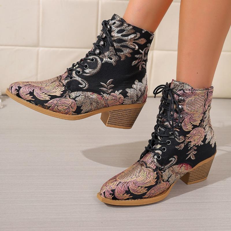 Plus-size Shoes, Chunky Ankle Boots, Pointed Lace-up High-heeled Boots, New Style Women's Boots