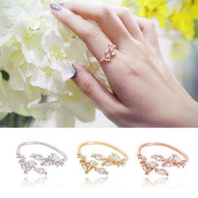 Fashion Women Adjustable Open Ring Rhinestone Inlaid Leaves Party Club Jewelry