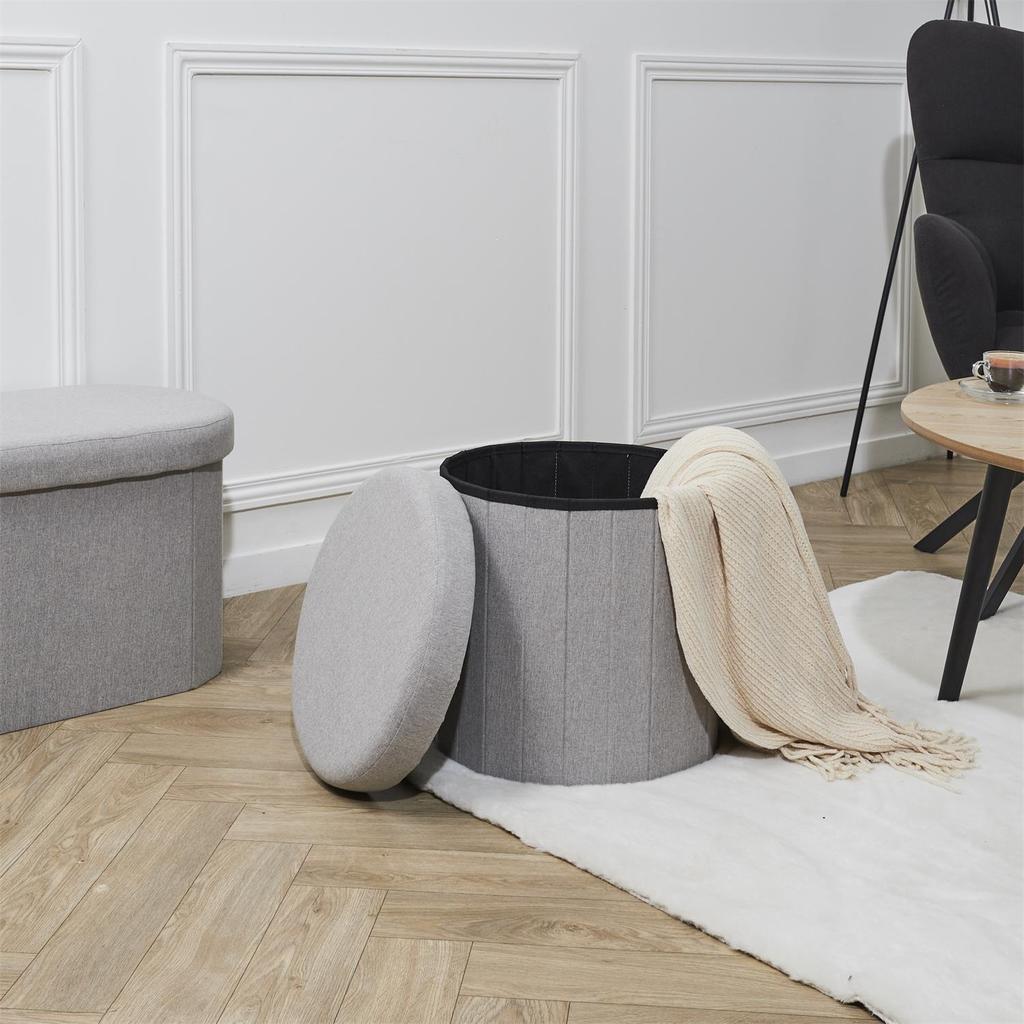 Olaf Foldable Pouffe, Gray, With Storage Compartment, Round, 38 Cm