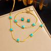 Gold Plated Stainless Steel Turquoise Square Stone Jewelry Set (Necklace, Bracelet & Earrings)