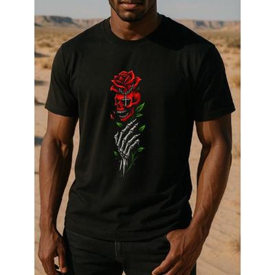 Europäische Größen Schädel Rose Kreuz Herren T-Shirt mit Aufdruck Kurzarm, Hochwertiges Personalisiertes Einteiler T-Shirt, Geeignet für Gamer und Mottopartys