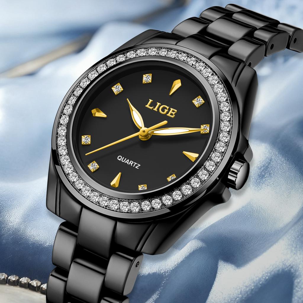 LIGE Elegant Women's Watches Ceramic Diamond Quartz Watch Fashion Waterproof Luminous Clock Ladies Wristwatch Montre Femme+BOX