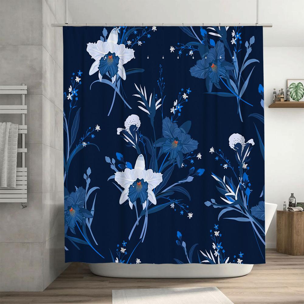 Blue Floral Shower Curtain Set Waterproof Bathroom Decor Modern Print Bath Mat Non Slip Rug Flower Design Water Repellent One Si
