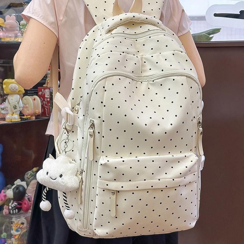 Schoolbag Unisex Kids Black New Female University High School Junior High School Backpack Large Capacity Lightweight Simple Polka Dot College Style