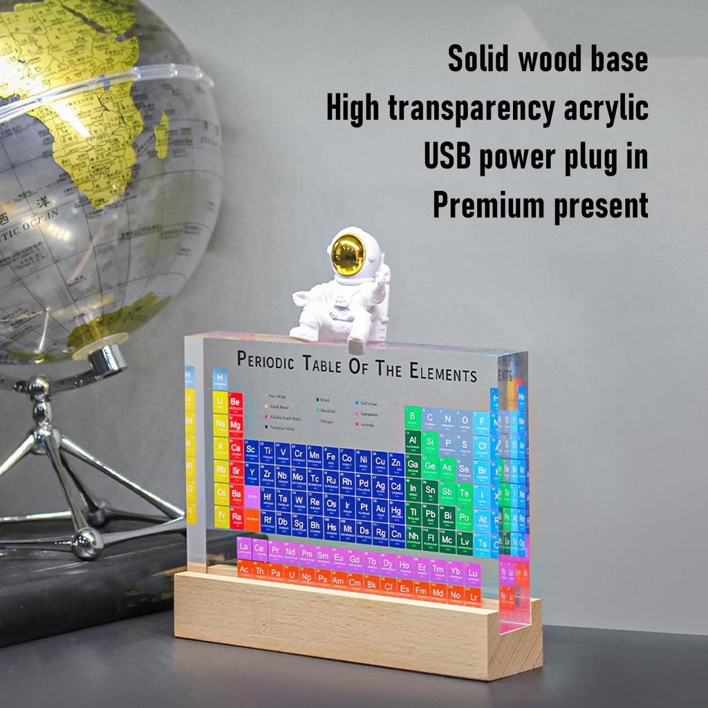 Periodic Table Desktop Decoration Colored Letters Acrylic Periodic Table of Chemistry Elements Display with Wood Stand and Light