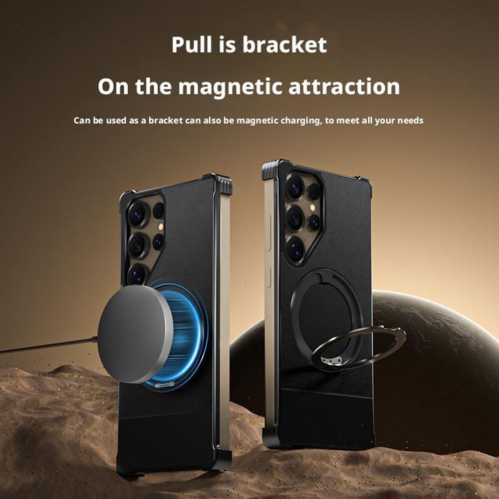 For Samsung Galaxy S24 Ultra Magnetic Case with Kickstand Borderless PU+Metal Drop Proof Phone Back Cover