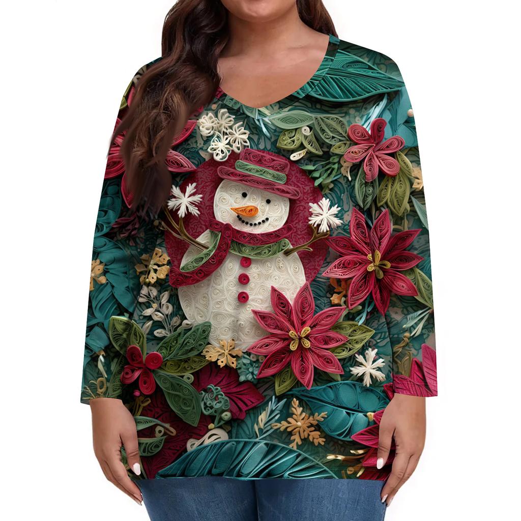 Women's Fashionable Casual Long Sleeved Plus Size Print Top Plus Size Floral Print Top