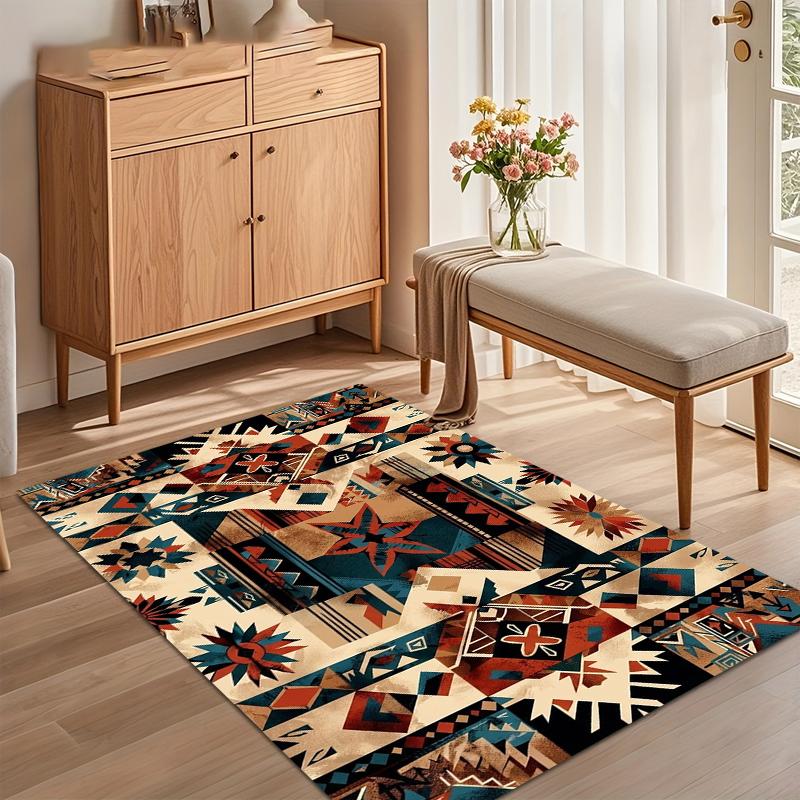 Red Brown Blue Ethnic Geometric Area Rug Non Slip Washable Mat for Bedroom Boho Home Decor Aesthetic Tribal Bedroom