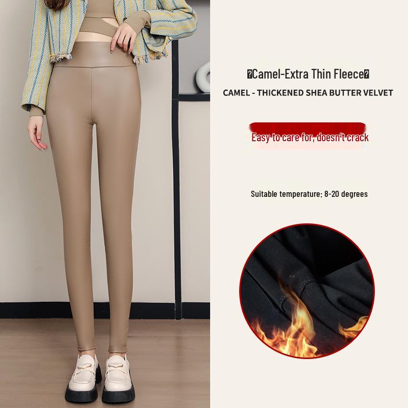Women's Winter PU Leather High-Waist Thick Velvet Leggings - Plus Size, Slimming, Warm