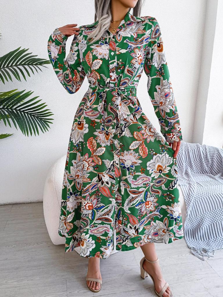 Turndown Collar Print Flower Button Dress High Waist Elegant  Shirt Dress for Women Long Sleeve Loose Dresses Causal Dress