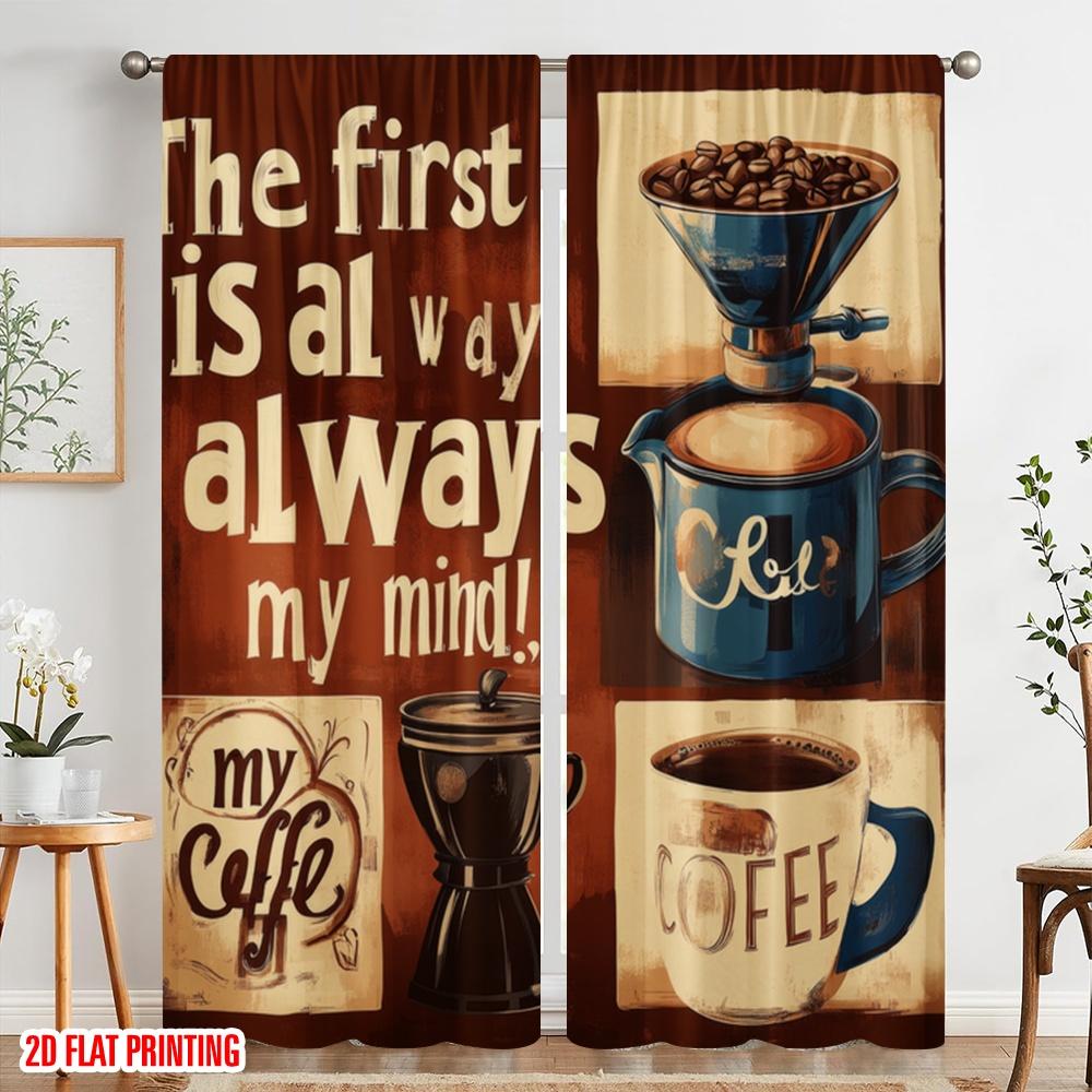 2pcs,2D Plane Printing Minimalist Curtains Coffee Thoughts Polyester Easy Install (without Rod) Festive Use for Bedroom, Living