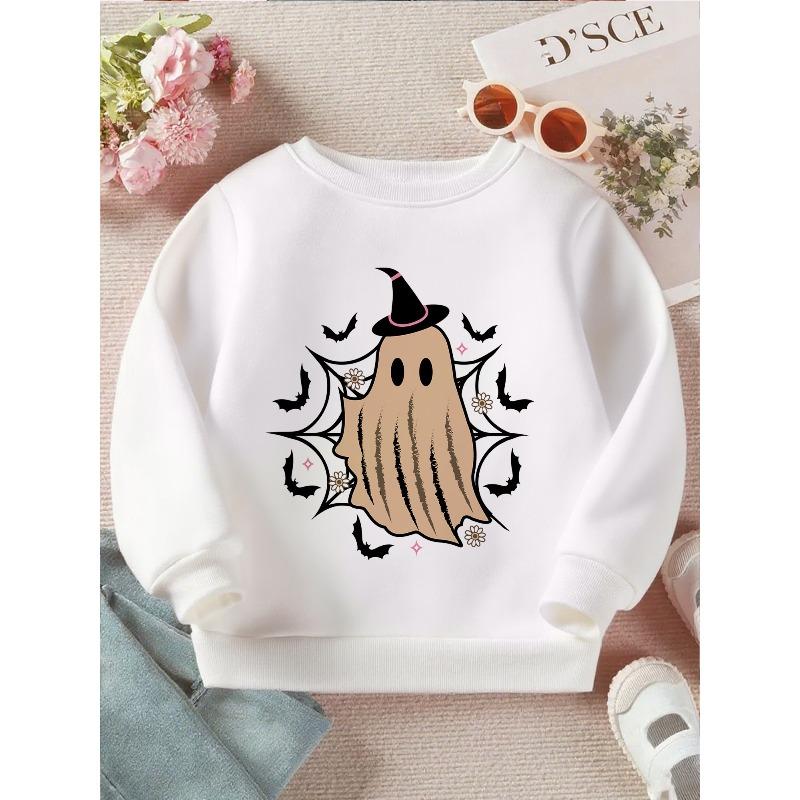 Kids Crewneck Sweatshirt, Cute Witch Hat Spooky Graphic Print, Soft Loose Fit Long Sleeve Pullover