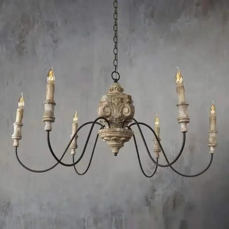 American Rural French Solid Wood Chandelier Carving Retro Vintage Living Room Dining Room Bedroom Villa Candle Lights Lustre