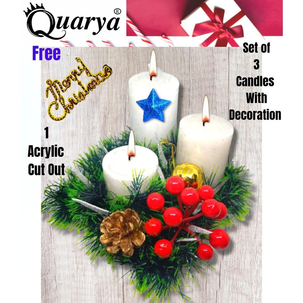 Decorative Candles 1 Set of 3 Wax Pillars Design Round Merry Christmas Candles with Decoration Items