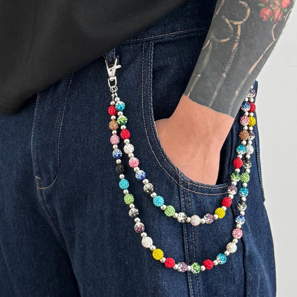 Salircon Trendy Colorata Catena Vita con Strass e Perline Cintura Portachiavi Uomo Punk Harajuku Catena per Borsa Pantaloni Gioielli da Strada Regalo Maschile